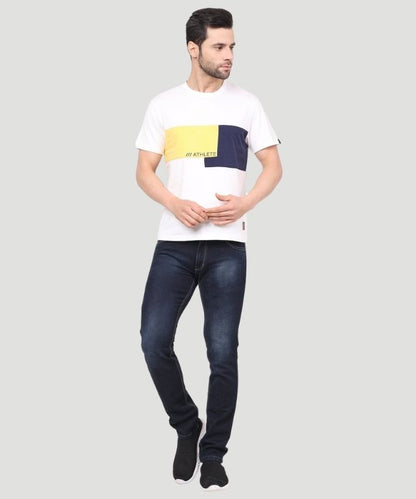 Men's White Colourblock Half Sleeves Regular Fit T-Shirt